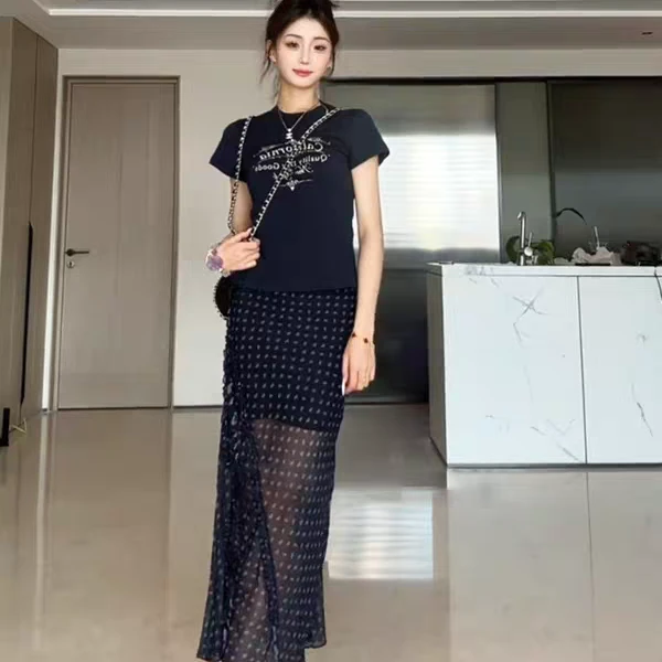 韩系纯欲风套装女2025夏季新款印花短袖t恤波点半身裙两件套女装