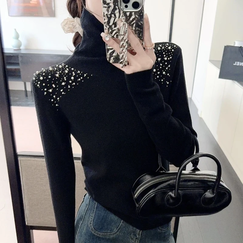 【奢级老钱】堆堆领气质钉珠高领针织衫秋冬新款别致内搭打底G6015