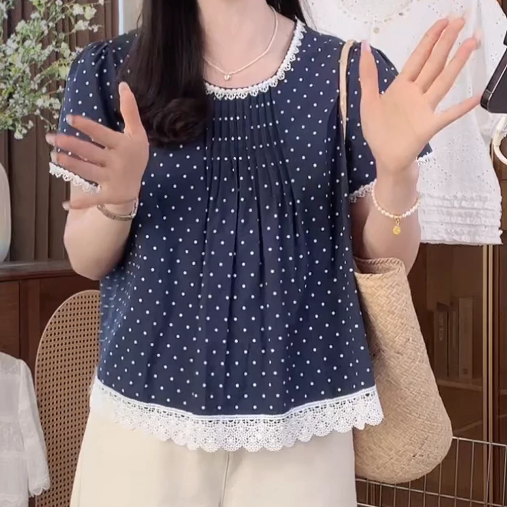 夏季上新韩版时尚百搭蕾丝拼接波点通勤显瘦衬衫