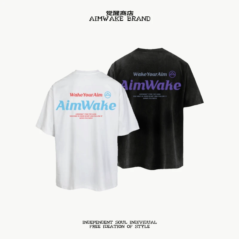 AIMWAKE"字母印花"纯色基础小众设计短袖t恤男女宽松休闲百搭上衣