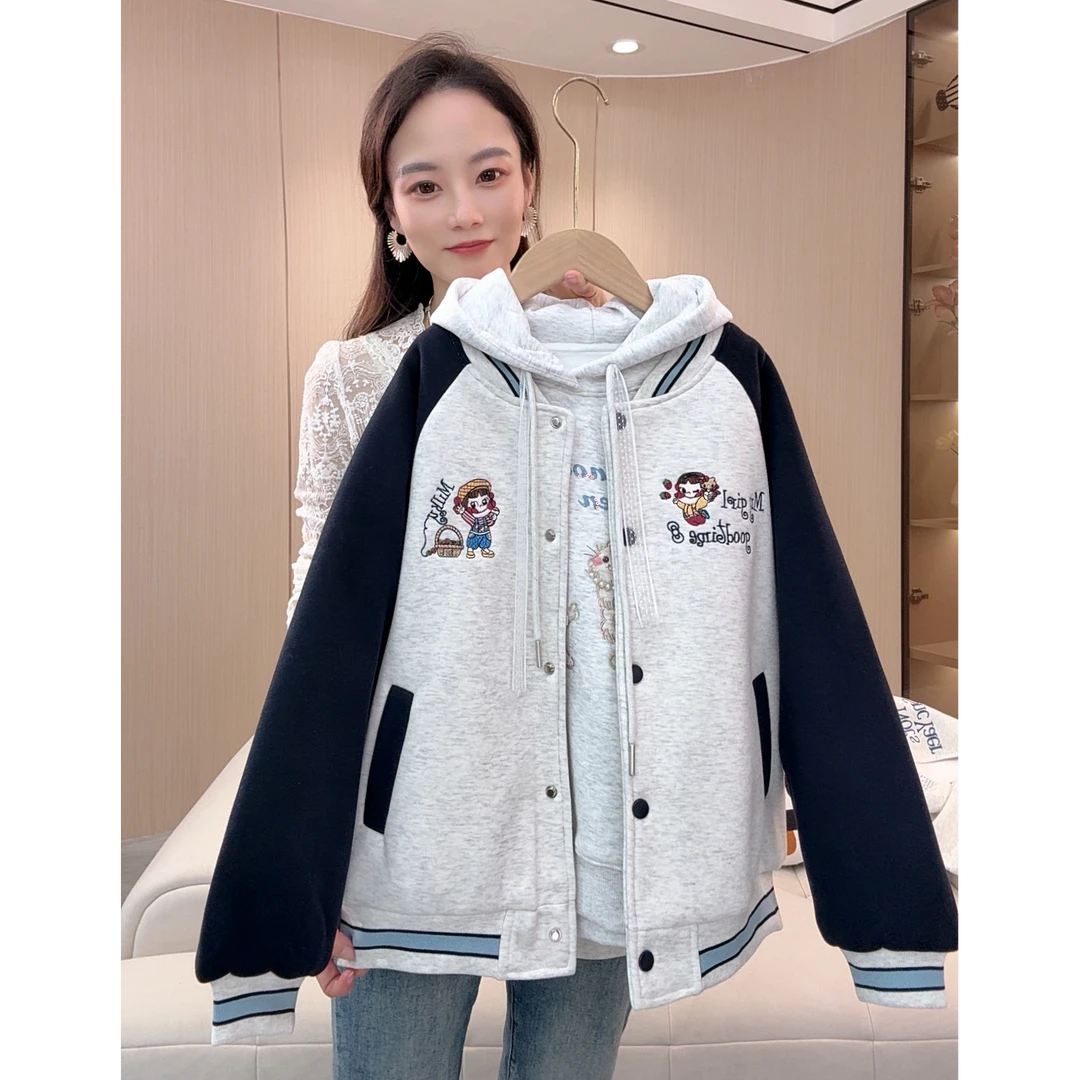 卡通刺绣棒球服女2025新款学院风加厚高级立领卫衣初高中学生外套