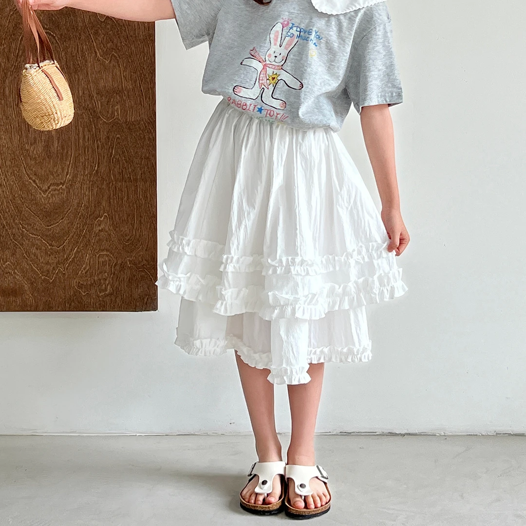 现货【巧霜】5125女童长款半身裙夏装洋气韩版森系百搭纯白蛋糕半裙