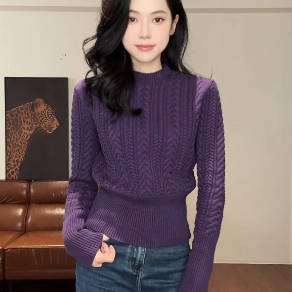 韩系紫色复古麻花小立领毛衣女秋冬收腰显瘦设计感针织衫A11112