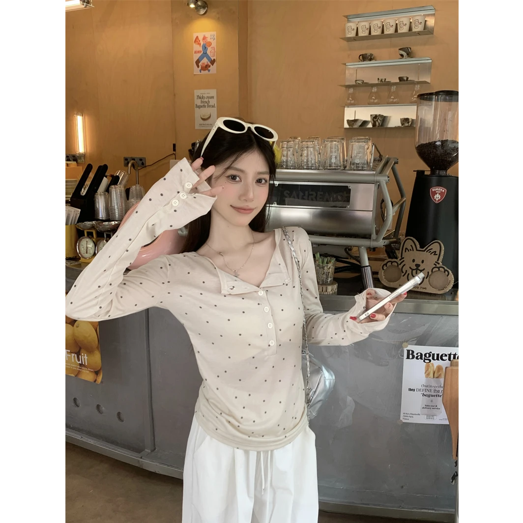 2025半开领温柔韩系波点长袖防晒微透T恤女夏季新款休闲显瘦上衣