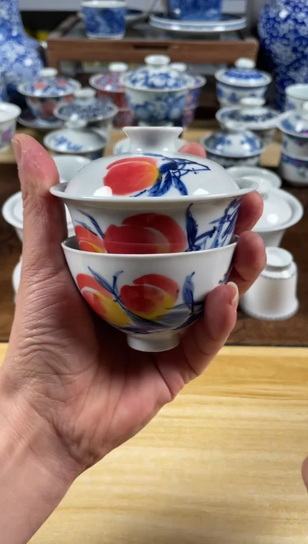 杯景德镇手工手绘釉下五彩寿桃一盖碗一主人杯
