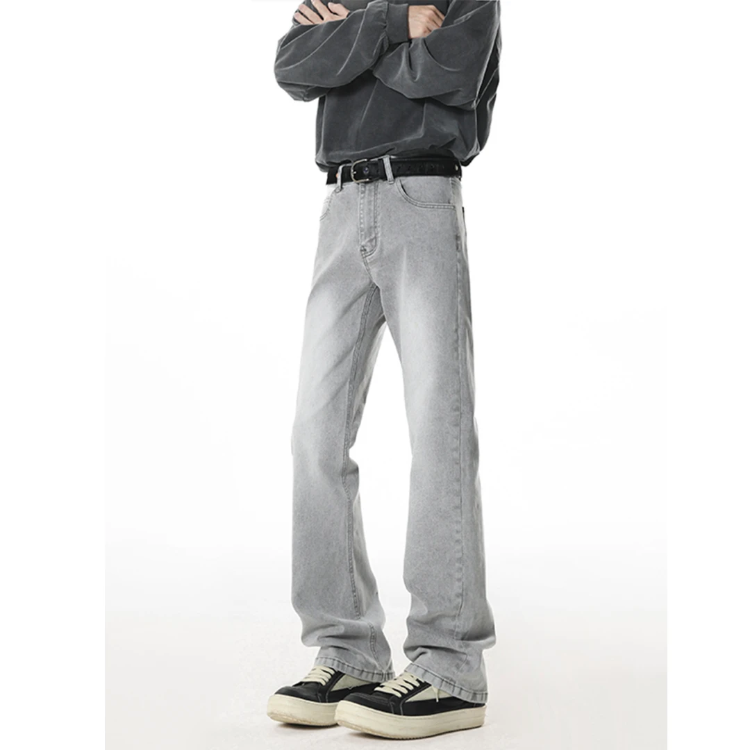 美式潮流牛仔裤水洗烟灰色微弹力cleanfit直筒裤男款显瘦微喇裤子