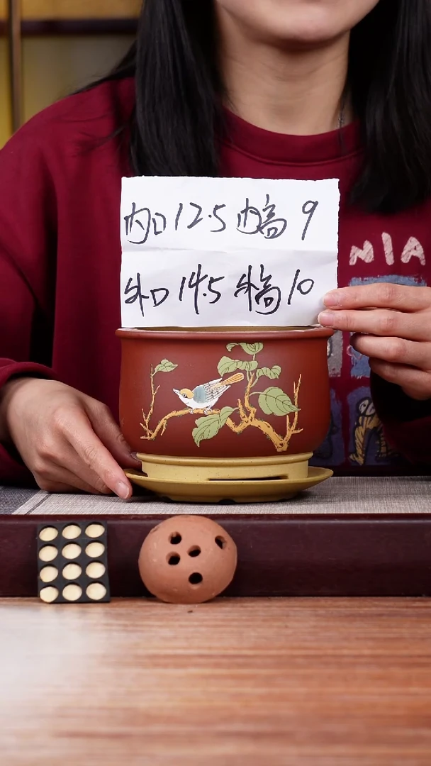 【闪购商品】紫砂花盆手绘叶子小鸟矮圆盆一只带托