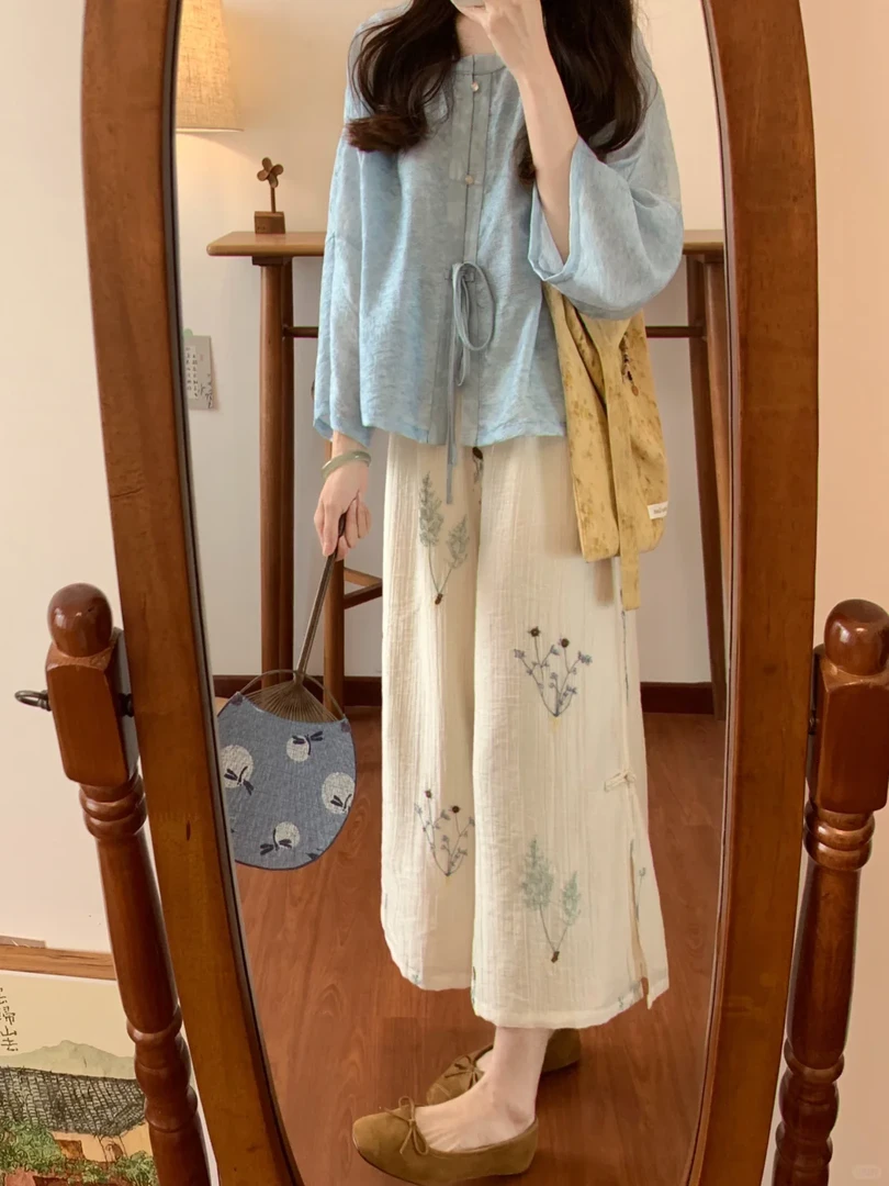 2025夏季新款新中式松弛感蓝色衬衫上衣搭配休闲裤气质两件套装女