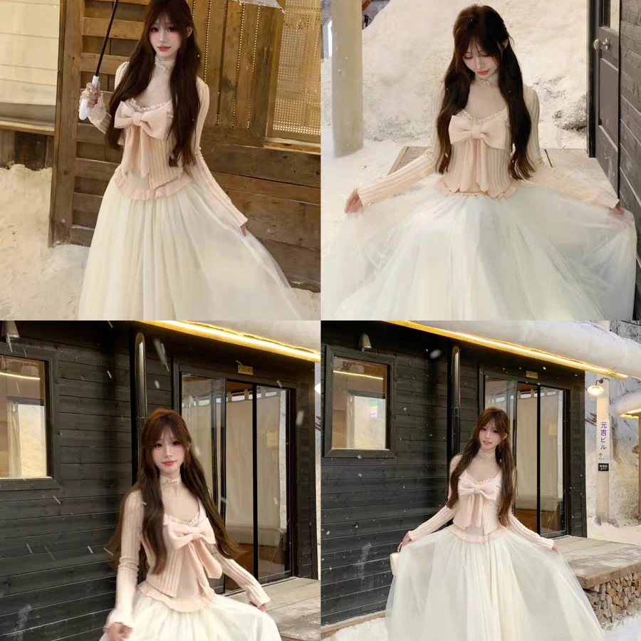 栀子花语长裙 假两件拼接网纱裙法式纯欲少女粉色连衣裙