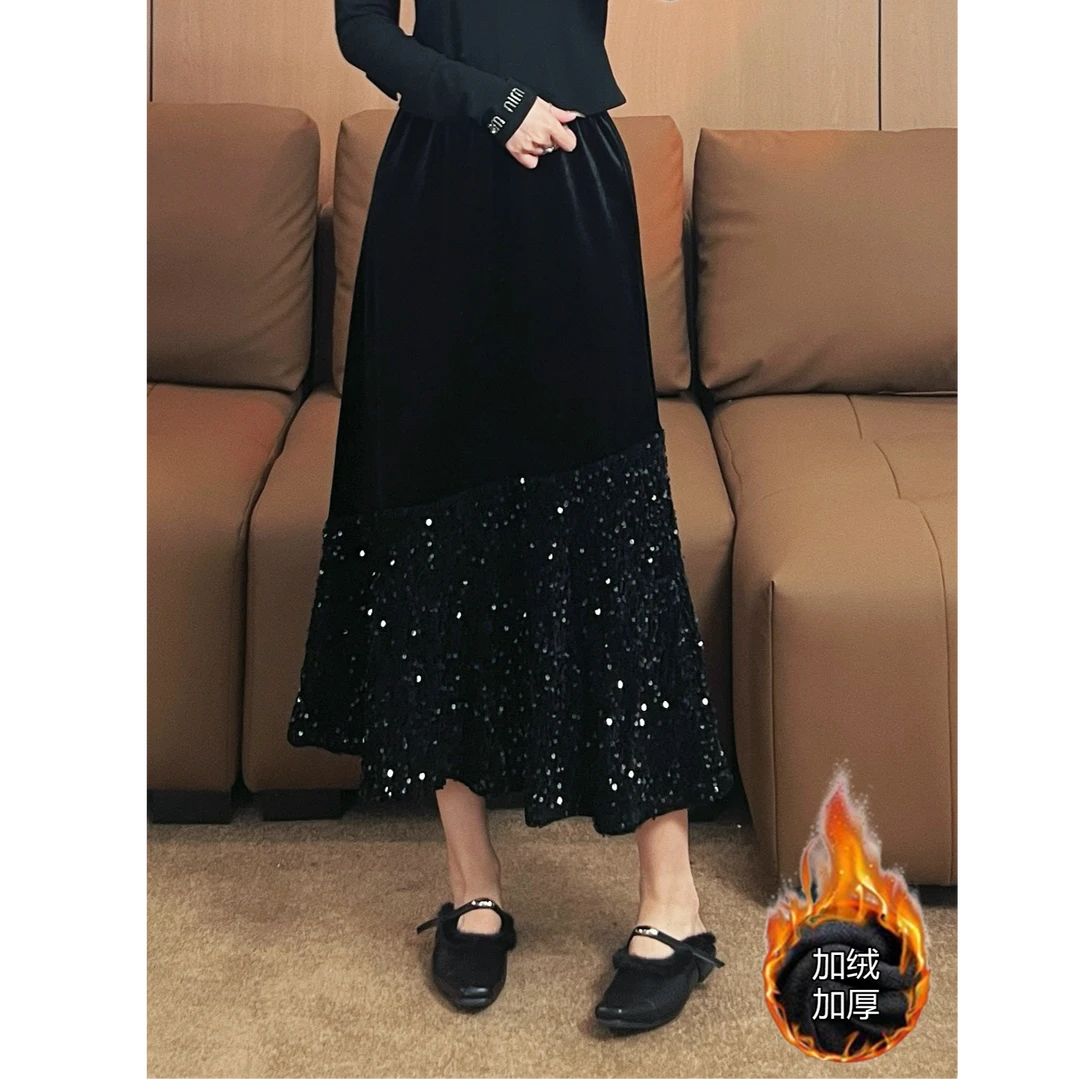 冬季加绒加厚新款亮片半身裙中长款-6784