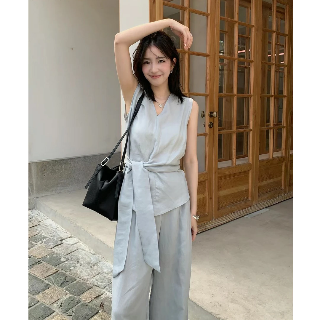 【清仓】今年流行绑带女装#3129无袖上衣阔腿裤套装女棉麻两件套