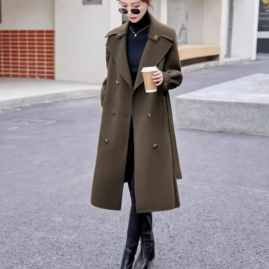 透气中长款不褪色秋冬女毛呢外套双面呢气质双排扣20265