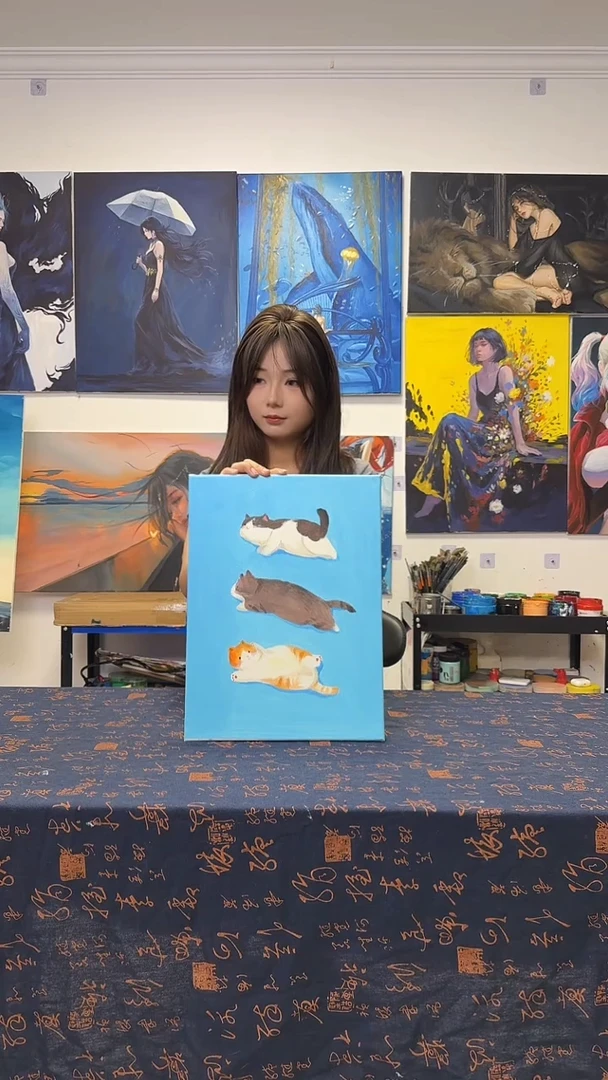 丙烯画无*三只小猫丙烯画s