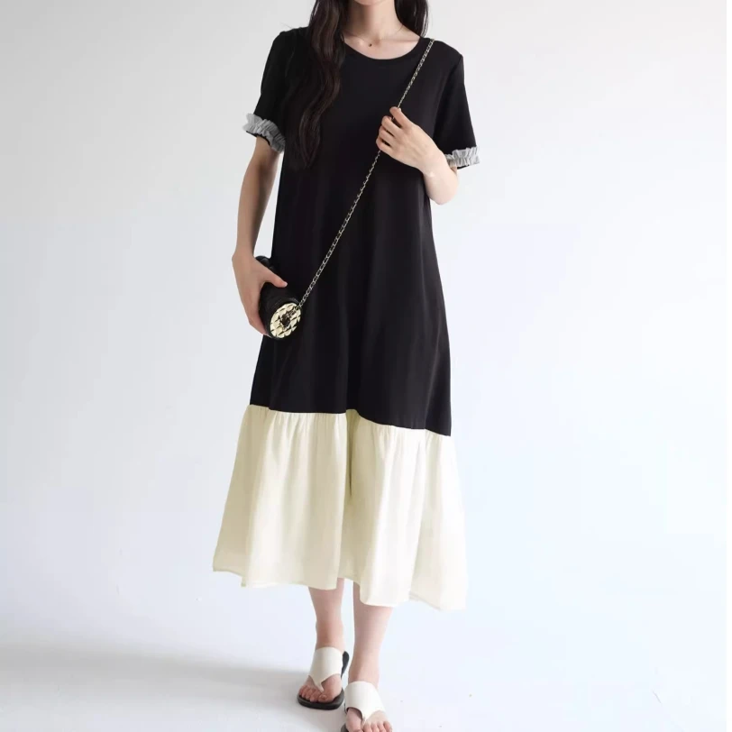 大码女装300斤胖MM时尚法式气质宽松撞色拼接鱼尾圆领连衣裙114