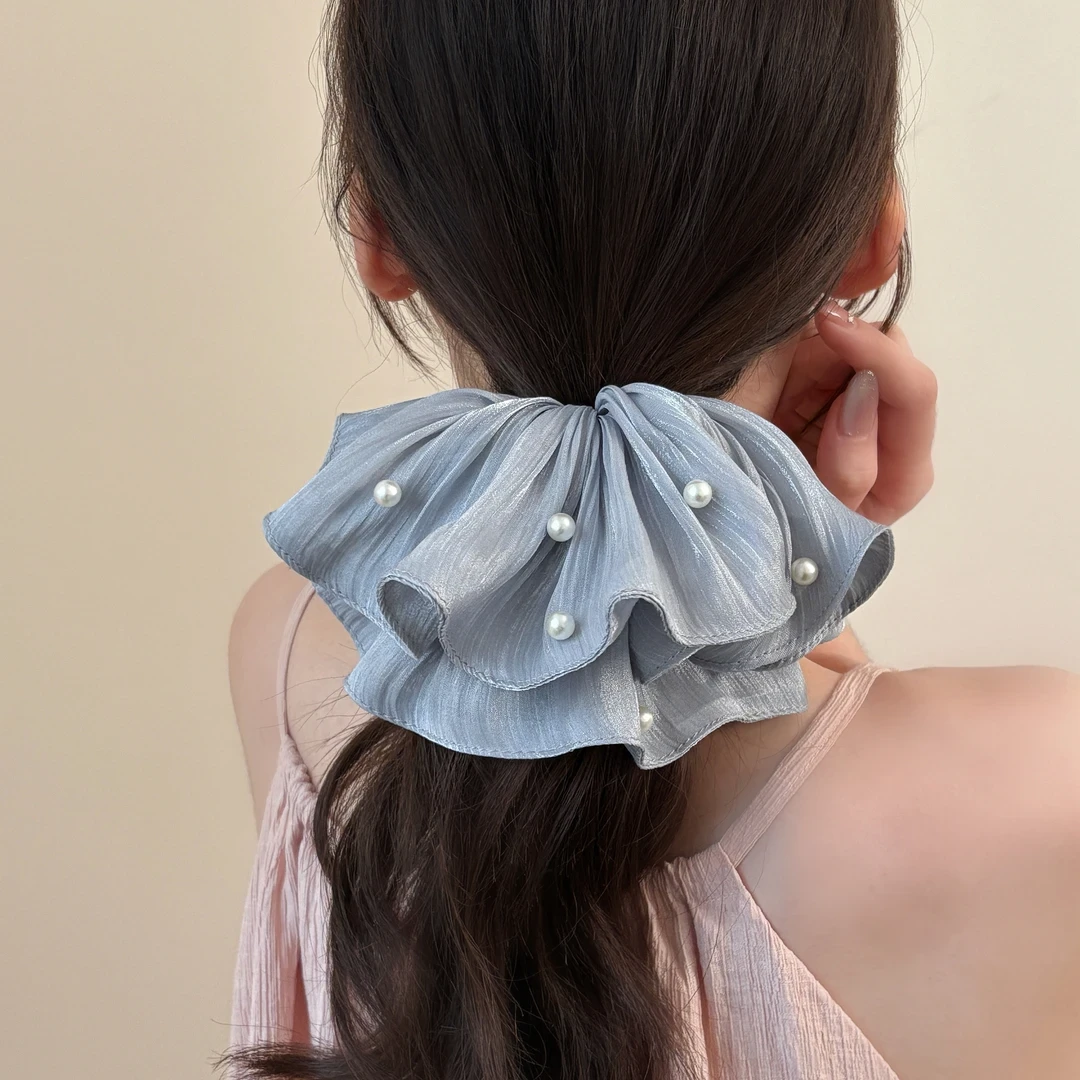 2025新款流光锻面褶皱大肠发圈女高级感马尾发绳珠珠超大头花头饰