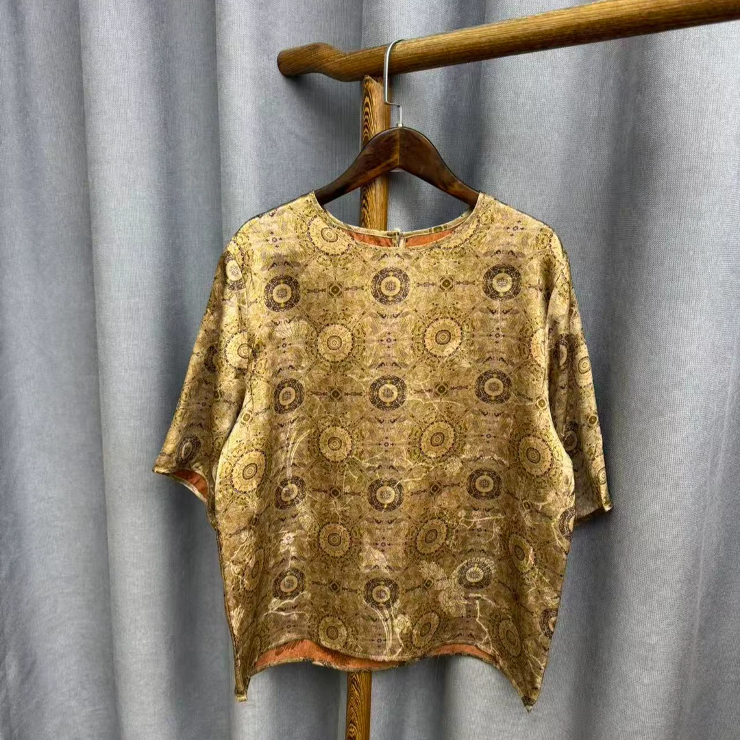 2026春季新款桑蚕丝香云纱圆领五分袖上衣女A110