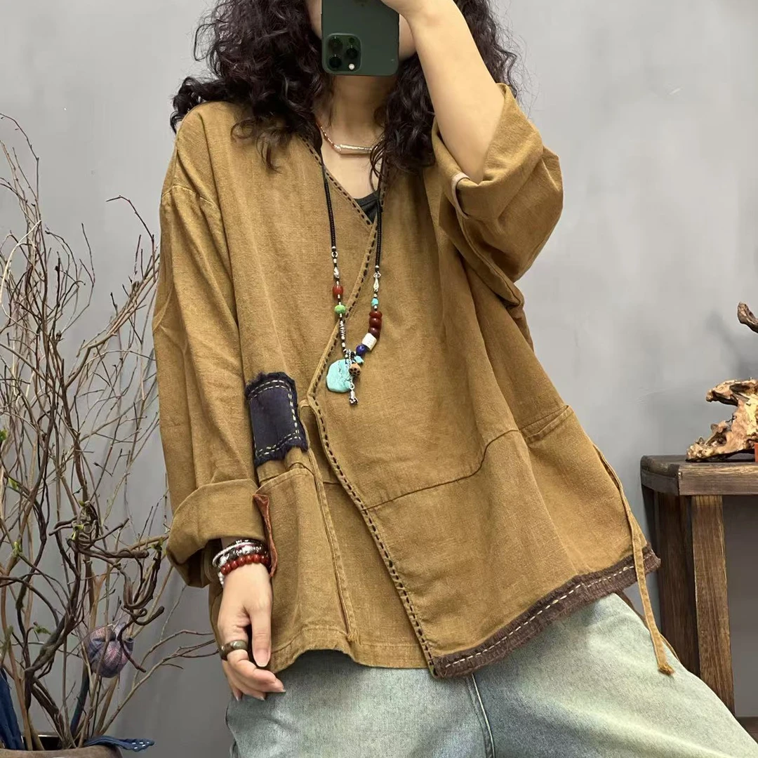 FF 6675 春季新品休闲百搭亚麻贴布文艺女士汉服外套 胸围134长63