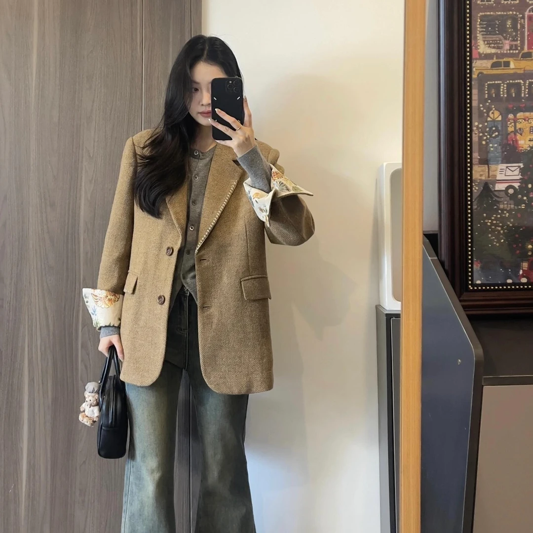 秋冬中长款宽松新款小个子羊毛毛呢呢子大衣西装外套高级感