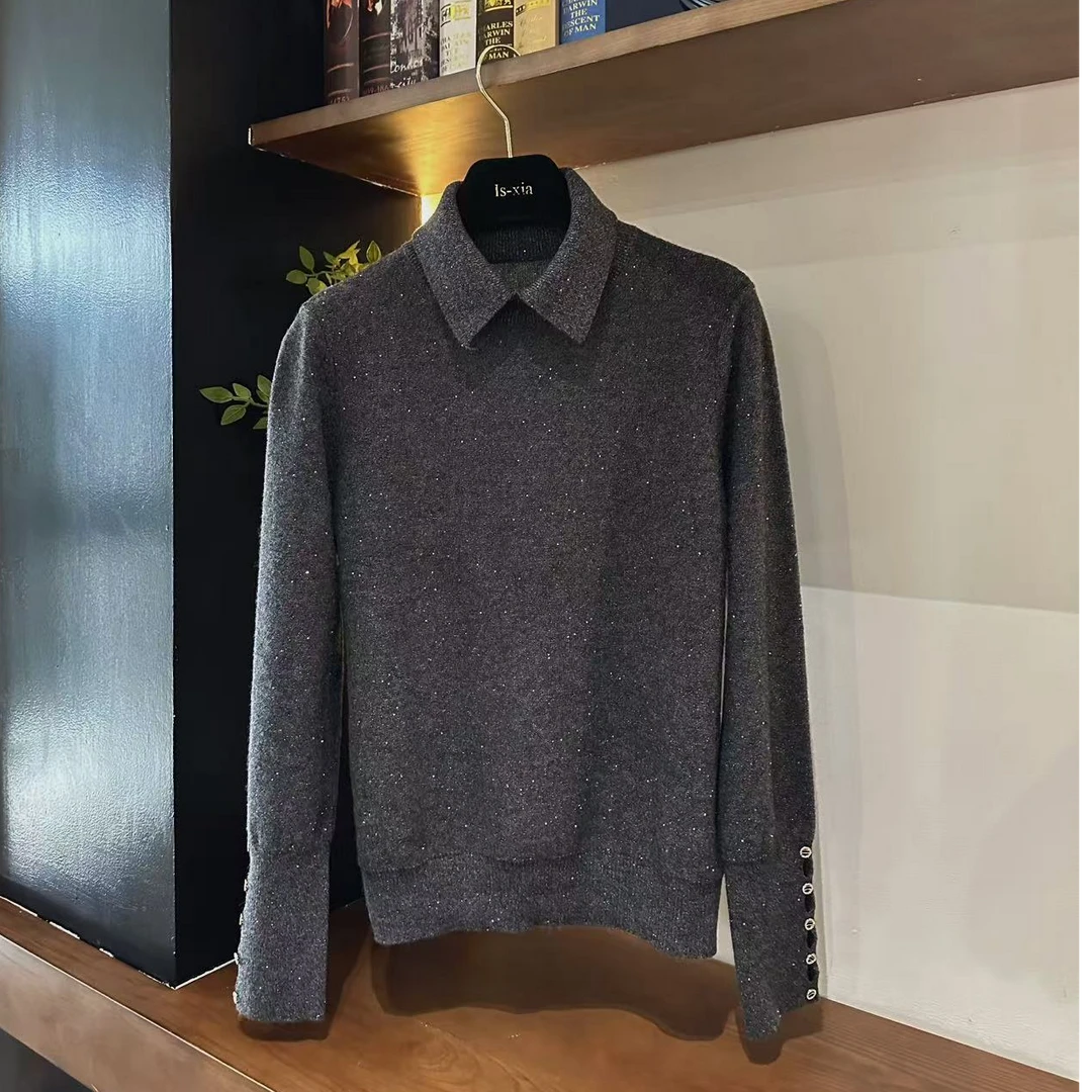 【低音贝斯】亮片翻领100%绵羊毛针织衫时髦细闪点缀纽扣长袖毛衣