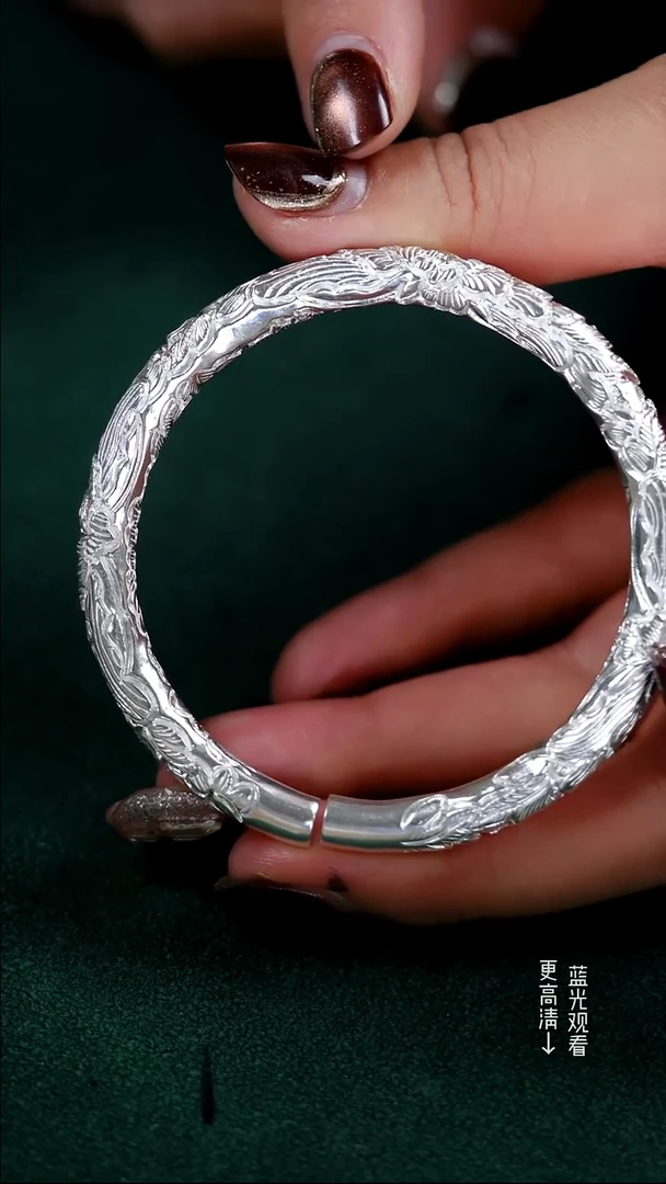 珐琅足银999高浮雕牡丹花手镯