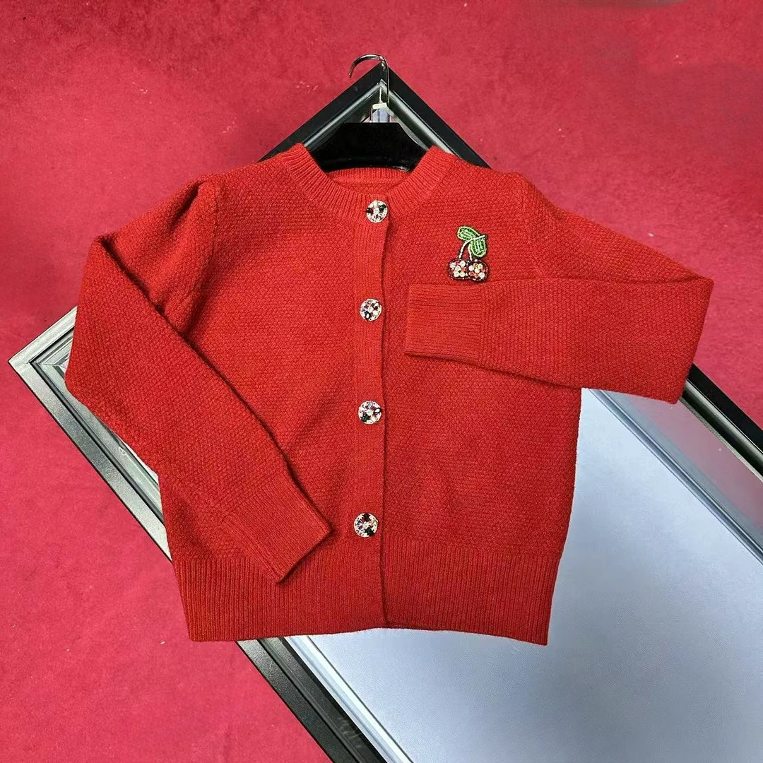 4550时尚长袖毛针织开衫樱桃百搭气质休闲秋冬卡通设计师