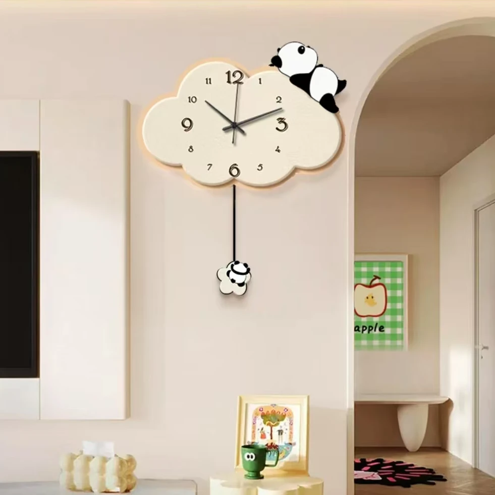B云朵挂钟熊猫创意时钟家用挂墙静音表装饰画简约钟表云朵4050