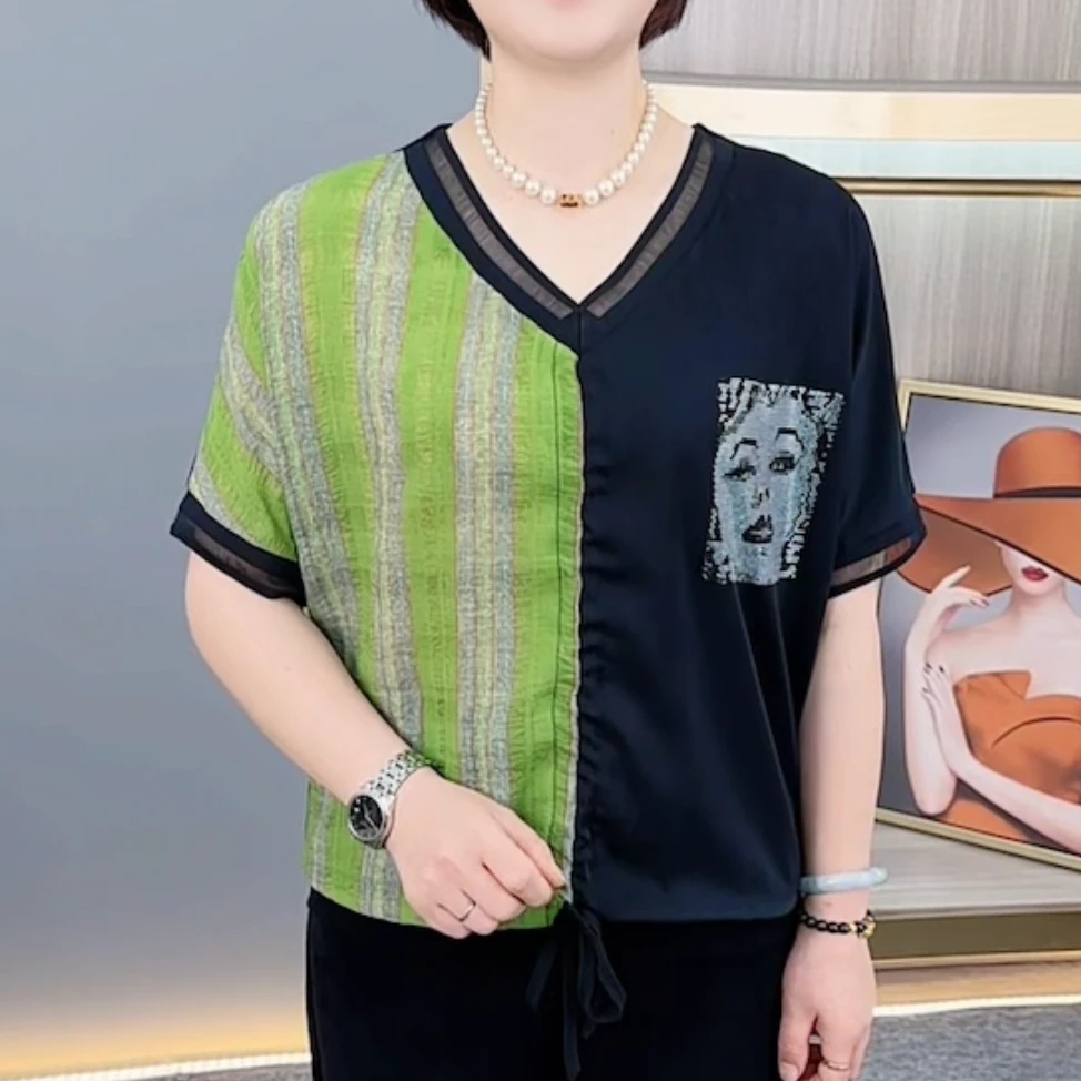 夏季新款时尚V领拼接设计洋气妈妈装宽松遮肚休闲短袖上衣H5901