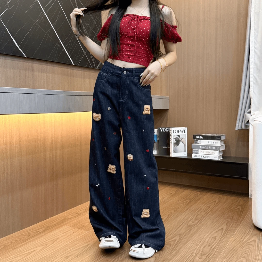 美式小熊贴布刺绣牛仔裤女秋季新款百搭设计感阔腿长裤直筒拖地裤