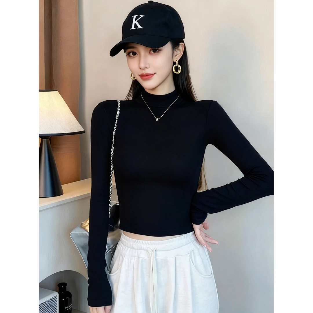黑色长袖t恤女春秋棉质半高领打底衫短款内搭修身显瘦立领上衣潮