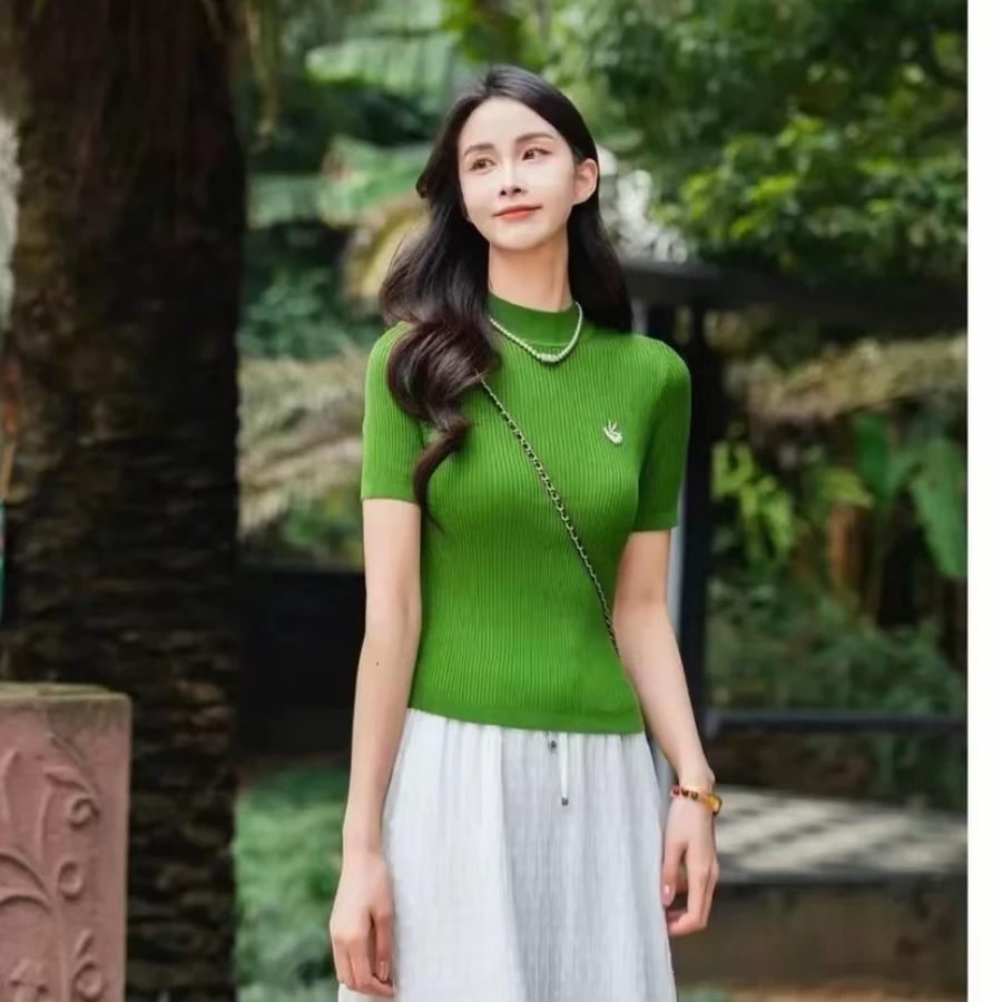 哥弟女装百搭时尚新款夏季修身质感显瘦小个子针织短袖t恤1399715