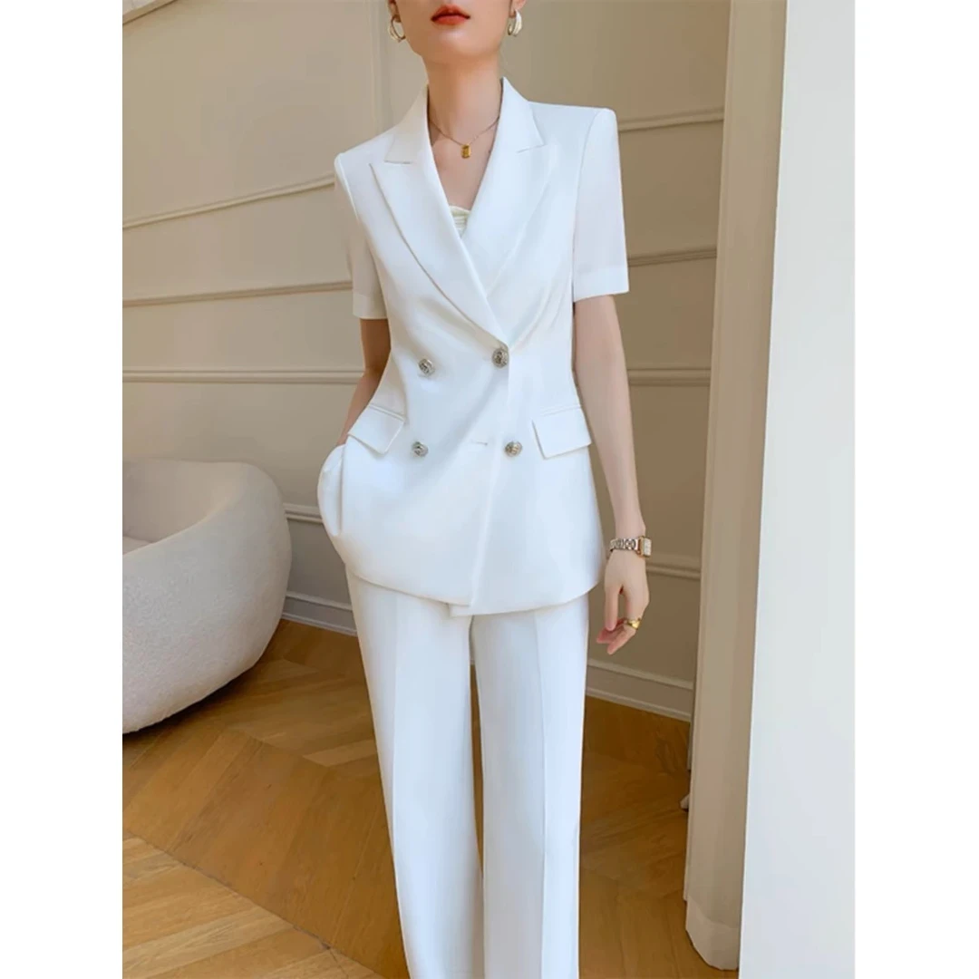0637白色西装套装女九分裤新款夏季短袖职业高端夏天薄款休闲西服