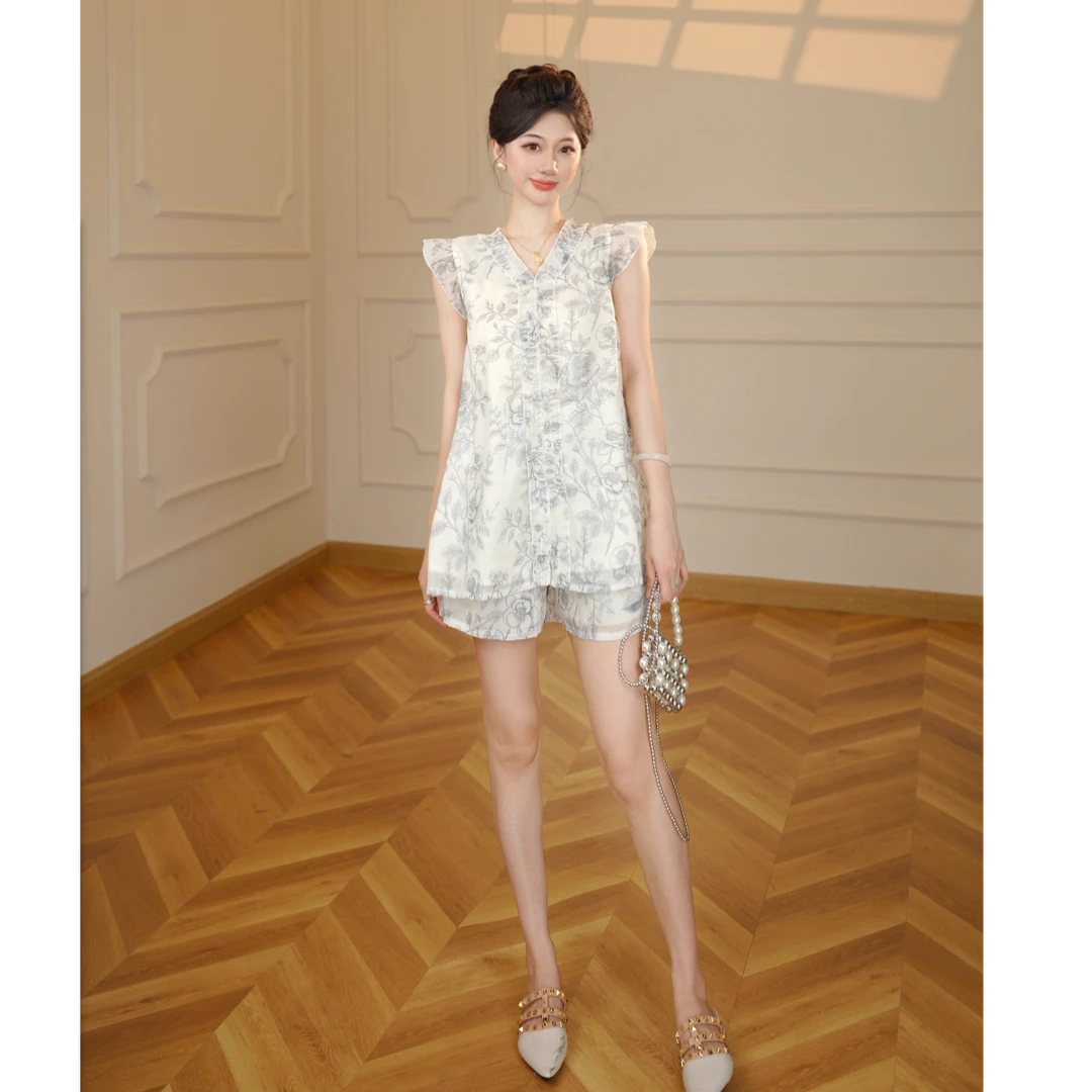 【张小小】【两件套】【有里布】夏季蓝铃海上衣+短裤时尚减龄套装D2741