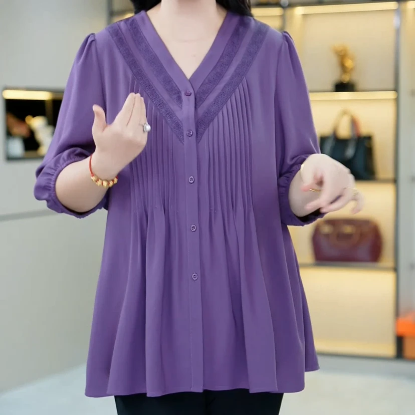 胖珍珍V领宽松洋气衬衫春夏中长款韩版宽松型五分袖T恤中袖ZB6977