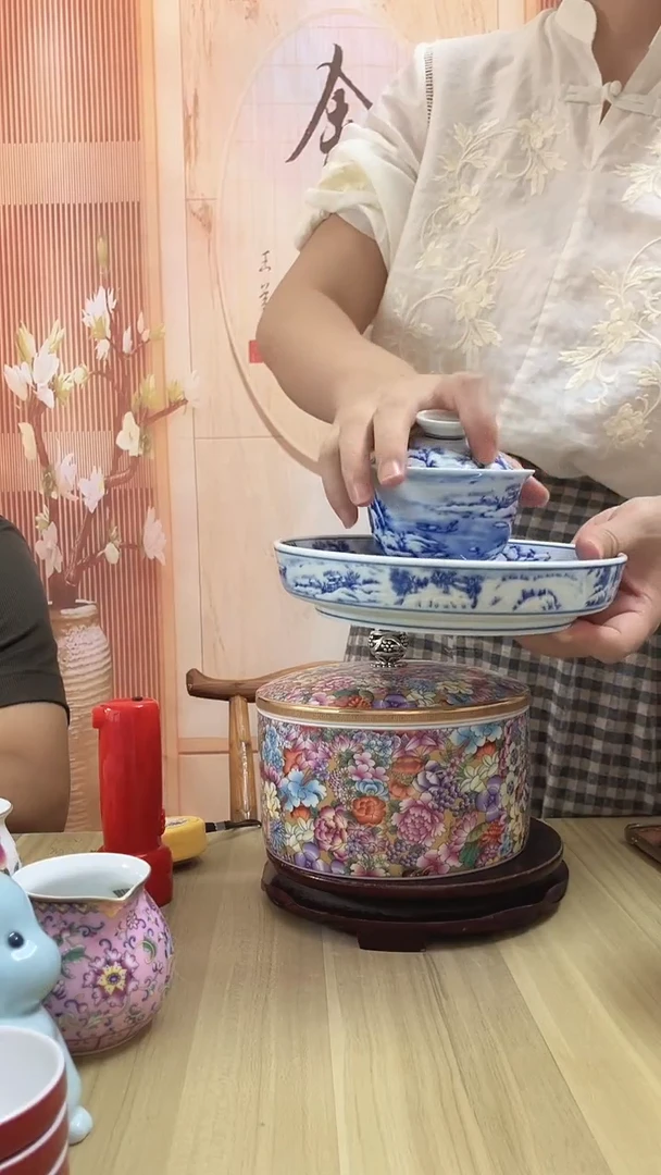 瓷青花雪景盖碗套装1套
