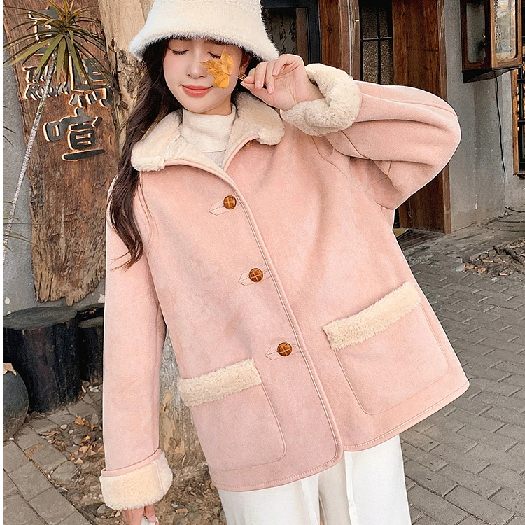 外套女冬季今年新款加绒加厚粉色减龄皮毛一体上衣女