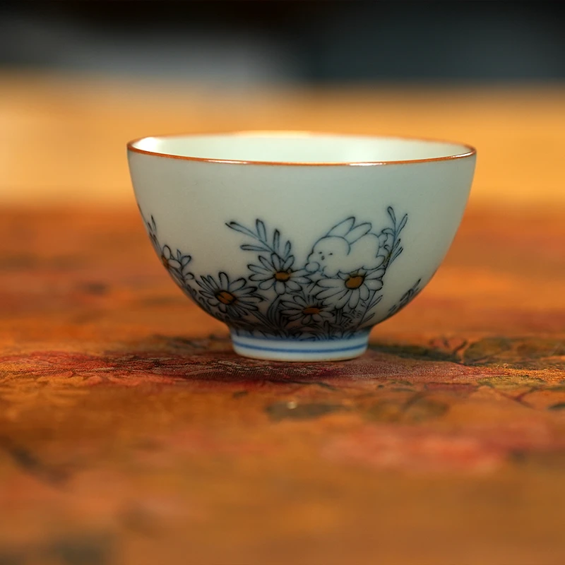 中式 亚青汝窑野菊兔鸡心杯 萌萌兔仿古青花陶瓷主人杯 s943