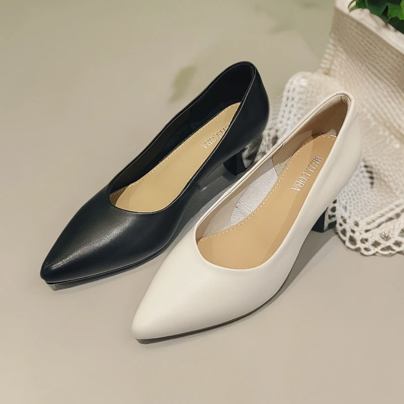 专业鞋跟鞋一脚蹬气质中跟高跟百搭尖头黑色秋季单鞋修面皮