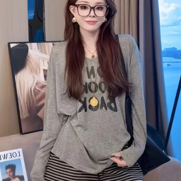 灰色字母长袖t恤薄款夏季防晒衣大码胖MM韩系宽松慵懒风罩衫上衣