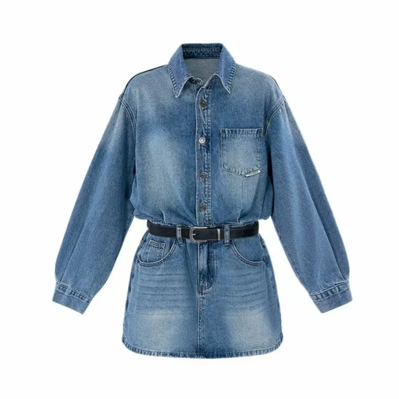 『栩栩如生』早秋复古单排扣口袋定制水洗牛仔连衣裙