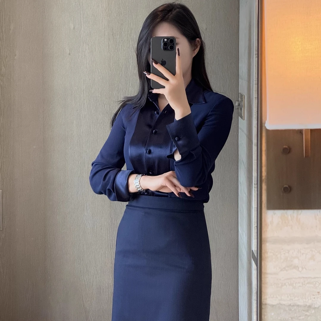 2825-都市高知分子风 温柔拼接宝蓝翻领衬衫