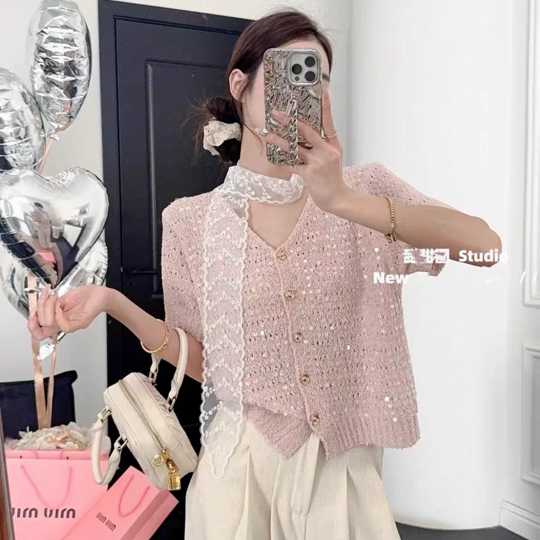 夏季新款V领钉珠针织衫女2025春秋款纯色亮片显瘦针织衫百搭上衣