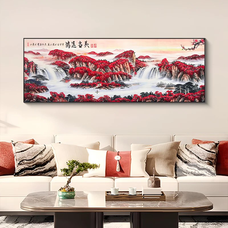 H003中式美学山水客厅装饰画鸿运当头挂画晶瓷镶钻装饰画沙发画