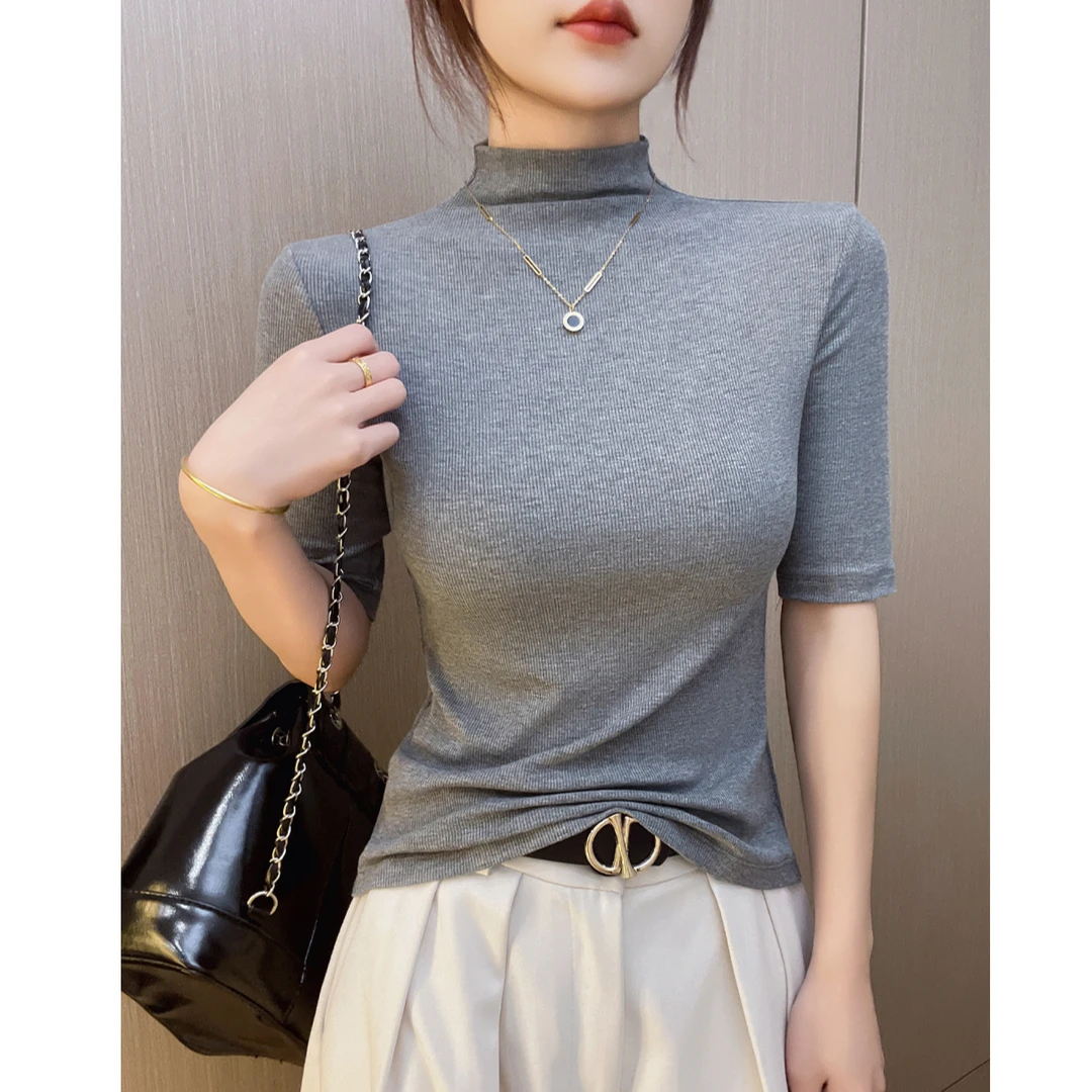 2025早秋新款半高领中袖t恤女打底衫内搭螺纹黑色修身显瘦上衣潮