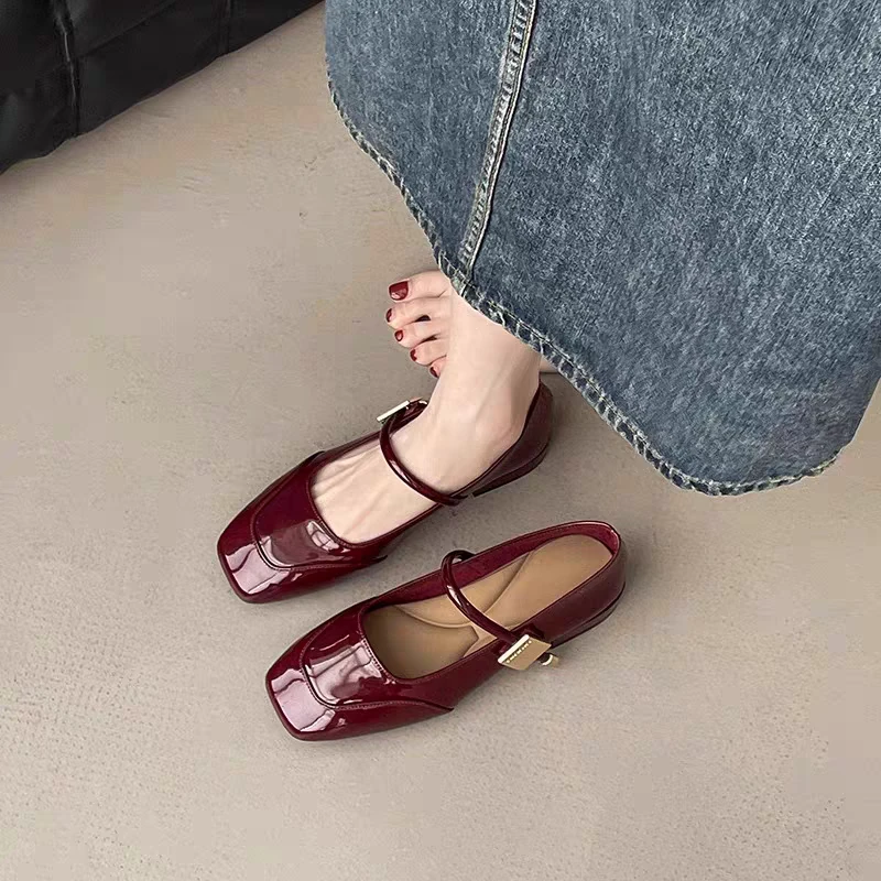 红色方头复古法式浅口平底单鞋女2025新款春秋玛丽珍鞋