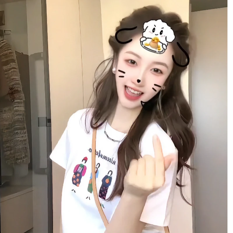 2025新款韩版时尚洋气印花修身上衣纯棉小个子圆领短袖T恤女夏季