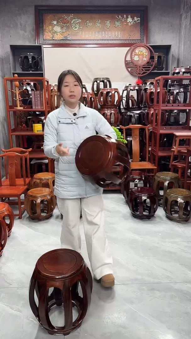 花梨木类家具胡桃色小号鼓凳一对（两条）