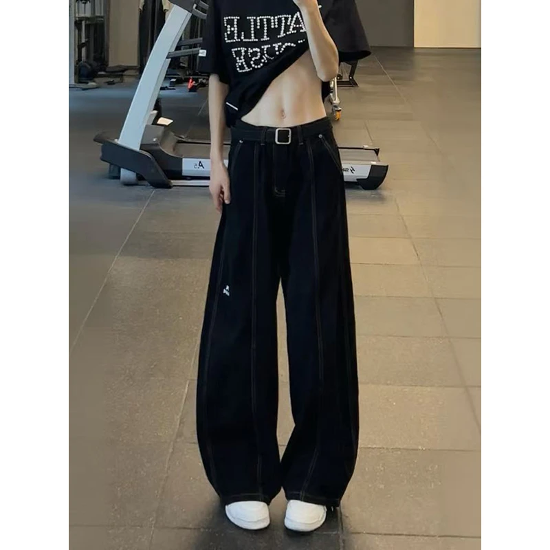 美式cleanfit黑色弯刀牛仔裤男生潮牌新款宽松直筒阔腿高街长裤子