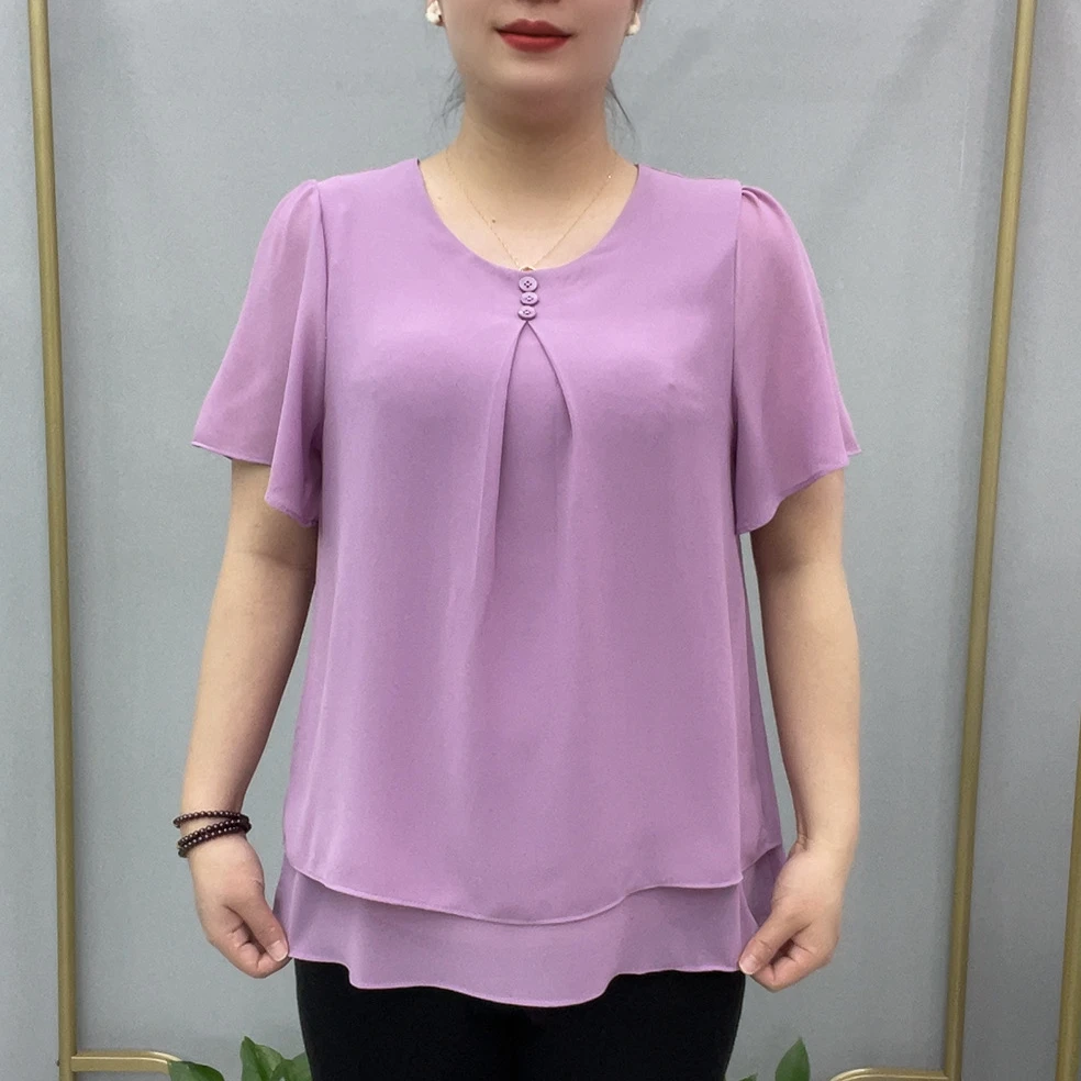 夏季显瘦小衫洋气衣服女时尚休闲宽松纯色圆领温婉大方小个子上衣