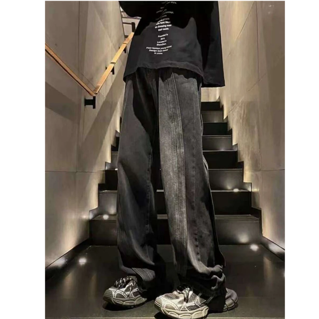 美式复古高级感重磅拼接牛仔裤男ins潮高街垂感宽松阔腿显瘦裤子