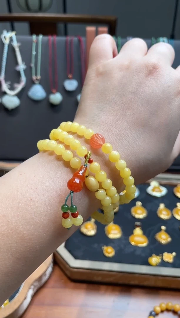 银S925镀金镶嵌蜜蜡耳饰手串
